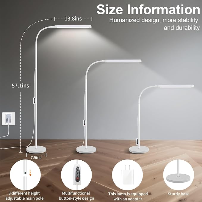 White LED Reading Floor Lamp, Bright 12W Dimmable Standing Light, Adjustable - Image 6