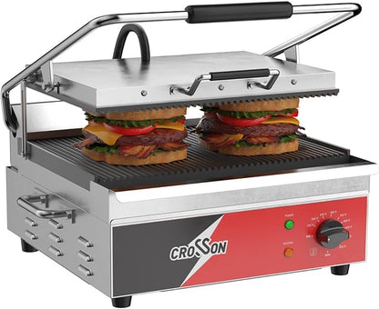 CROSSON 15"×11" Ribbed ETL Listed Commercial Electric Panini Grill, Hinged Auto by CROSSON-CateringEquipment