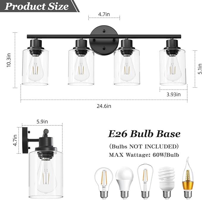 Guliaofo 4-Light Black Bathroom Light Fixtures, E26 Modern Vanity Lights - Image 2