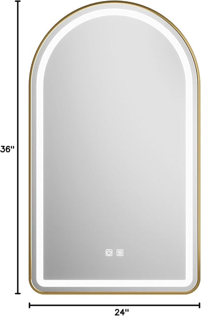 24x36 inch Gold Tempered Glass LED Arched Mirror - Image 2
