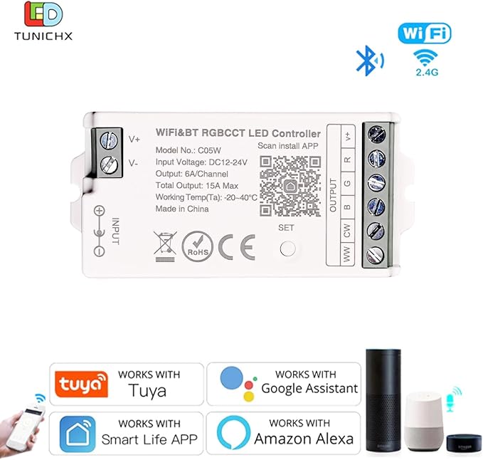 TUNICHX RGBCCT SMD FCOB 6 PIN LED Strip 2.4 GHz WiFi Group Controller Alexa - Image 2