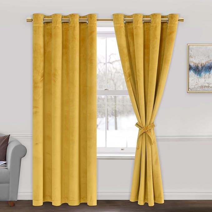 JIUZHEN Yellow Velvet Curtains 72 inches Blackout Curtains by JIUZHEN