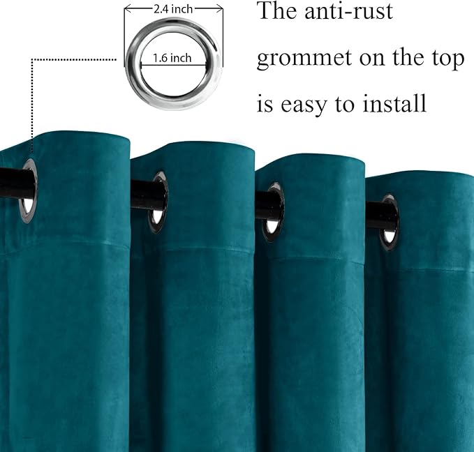 JIUZHEN Teal Velvet Curtains 72 inches Blackout Curtains - Image 2