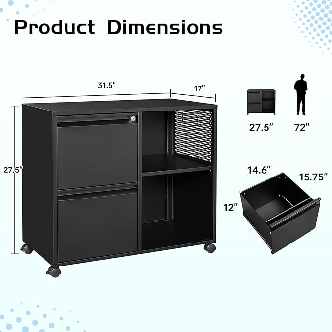 MIIIKO 2 Drawer File Cabinet on Wheels, Metal Filing Cabinets - Image 3