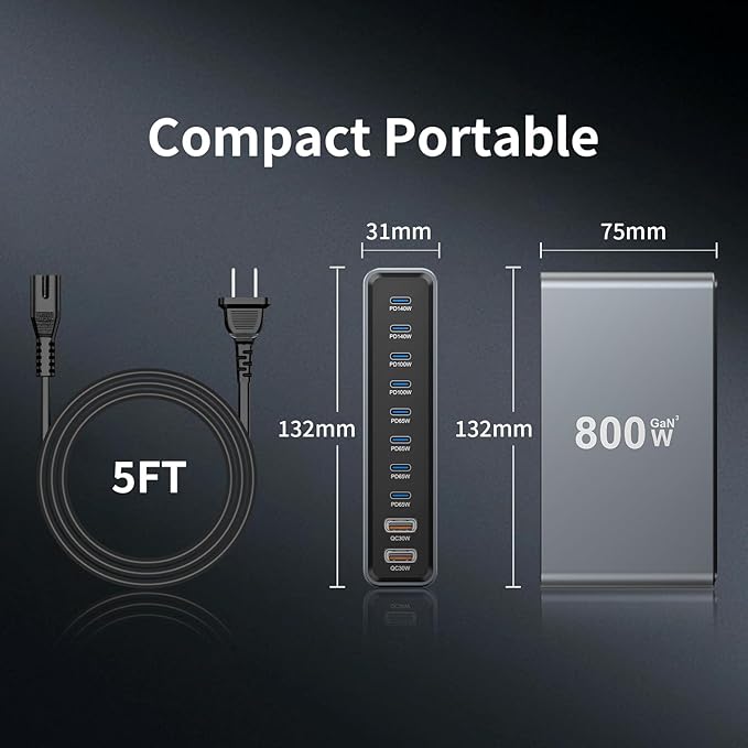 800W USB-C Charging Station GaN III 10-Port & 6.6ft 240W Cable, Compatible - Image 4