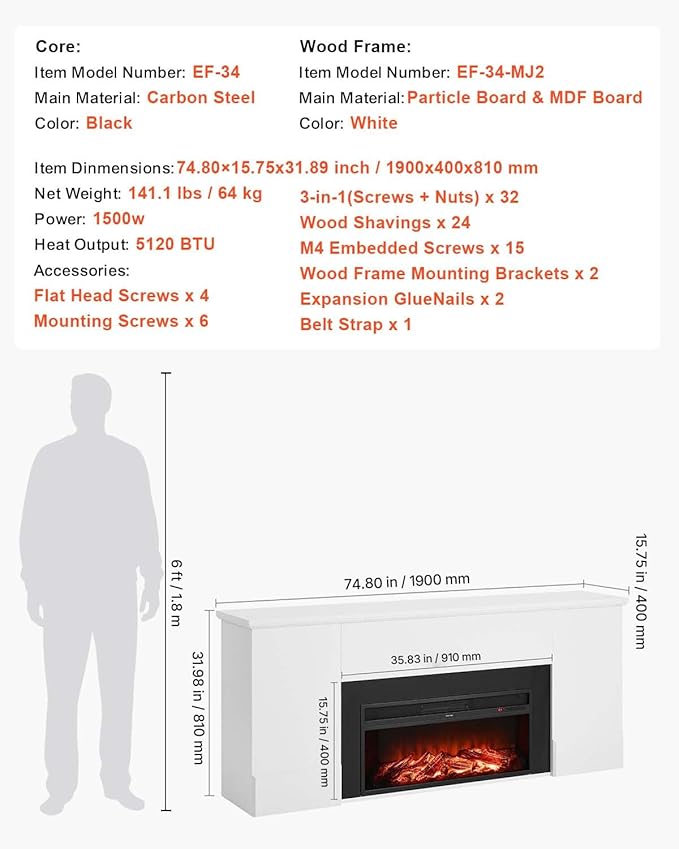 VEVOR 75-Inch Freestanding Fireplace, 1500W 5120 BTU Electric Fireplace Heater - Image 7
