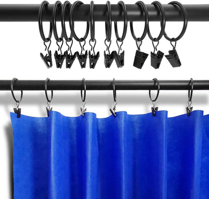 LLPJS 20 Pack Metal Curtain Rings with Clips, Curtain Clip Rings Hooks for Hanging Drapery Drapes Bows, Curtain Rod Rings 1.5 inch Interior Diameter, Black
