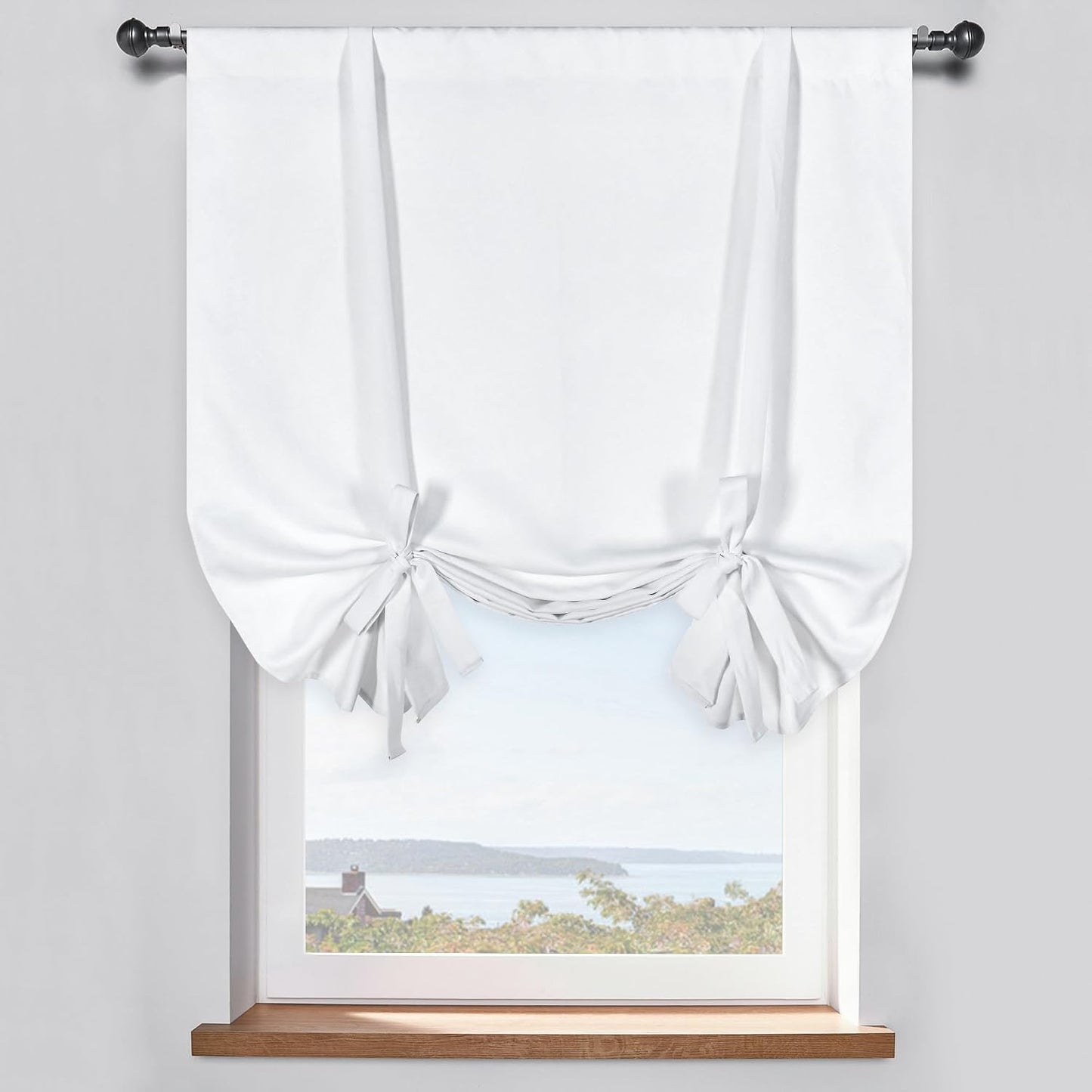 Pure White Balloon Shades Room Darkening Kitchen Window Curtain - Adjustable Thermal Insulated Tie Up Curtain Panel for Bathroom (34 W x 45 inches Long,1 Panel)