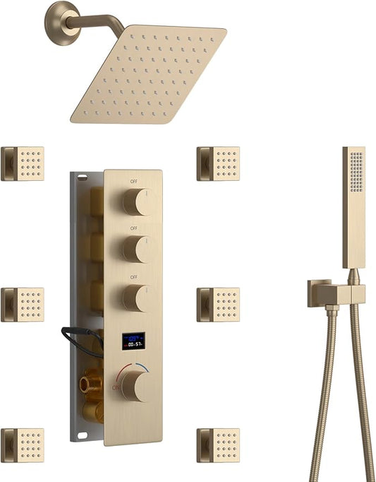 KATAIS Tempreature Display Shower System Brushed Gold Shower Faucet Set by KATAIS