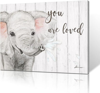 B BLINGBLING Elephant Nursery Canvas Wall Art: Blush Pink and Grey Baby Elephant Wall Art Prints You Are Loved Inspirational Quote Poster Cute Animal Picture for Baby Kids Room Decor Framed 16"x12"