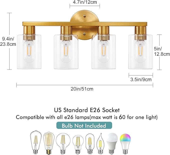 4 Light Gold Bathroom Vanity Light, Brushed Brass Bathroom Light Fixtures - Image 3