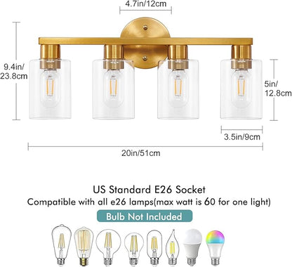 4 Light Gold Bathroom Vanity Light, Brushed Brass Bathroom Light Fixtures - Image 3