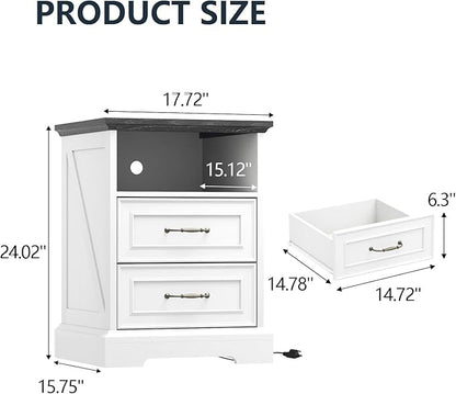 Nightstand with Charging Station, Rustic Farmhouse Wood Small Dresser, Bedside - Image 2