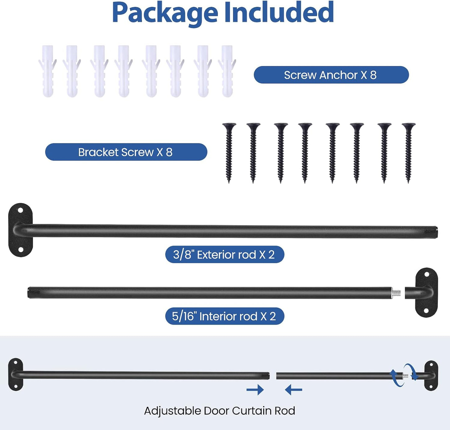 2 Pack French Door Curtain Rod, Sash Curtain Rod Adjustable 18-32in, Black | 3/8in Wrap Around Metal Cafe Curtain Rod Mount With Screws, Supports Up To 20 lb for French Doors, Windows and Sidelights