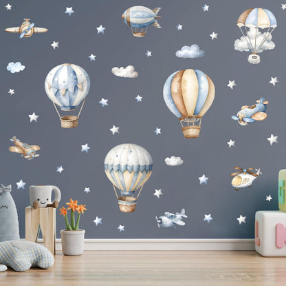 Watercolor Hot Air Balloon Wall Sticker Airplane Cloud Vinyl Decal | Watercolor Hot Air Balloon Wall Stickers, DIY Airplane Clouds Vinyl Decals for Kids Bedroom Playroom Toddler Room Decor