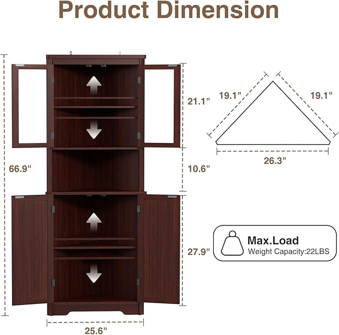 67''H Dark Brown Tall Corner Storage Cabinet - Image 2