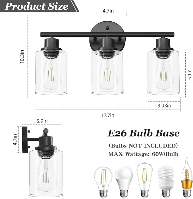 Guliaofo 3-Light Black Vanity Lights, E26 Modern Bathroom Light Fixtures - Image 2