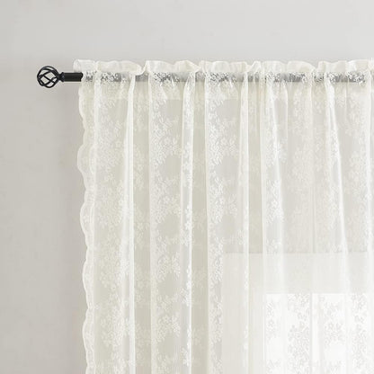 YJ YANJUN Vintage Lace Curtains 90 Inches Long for Dining Room Pair French Country Floral Sheer Curtains for Bedroom Playroom Ivory Cream Colored Boho Farmhouse Decoration 52 x 90 Off White