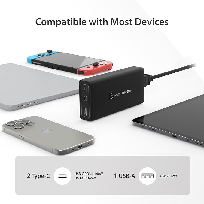 j5create 185W GaN USB-C/A 3-Port Laptop Super Charger w/Power Delivery 3.1 - Image 6