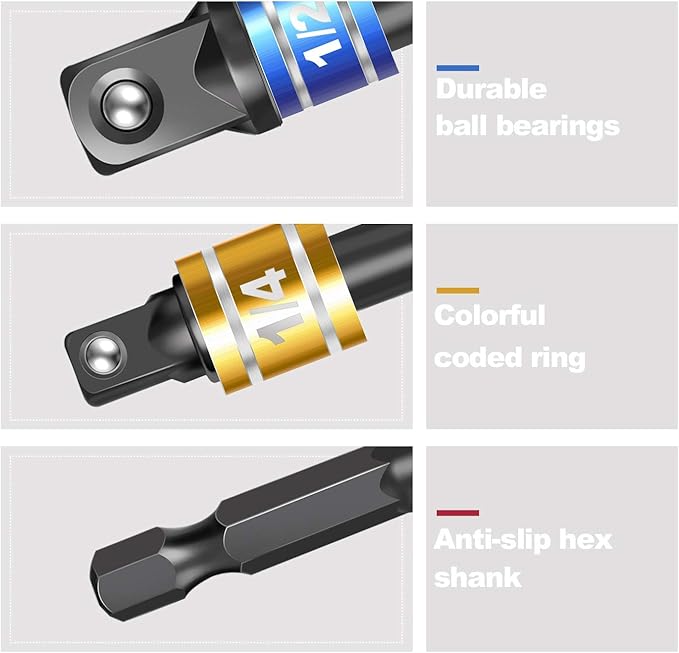 Socket Adapter Set, 1/4-Inch Hex Shank to 1/4, 1/2-Inch Square Drive, 3-Piece - Image 5