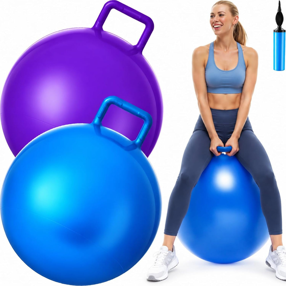 Lewtemi 2 Pcs 29 Inch Big Bouncing Ball with Handle Jumping Hopper Bouncy Bal...