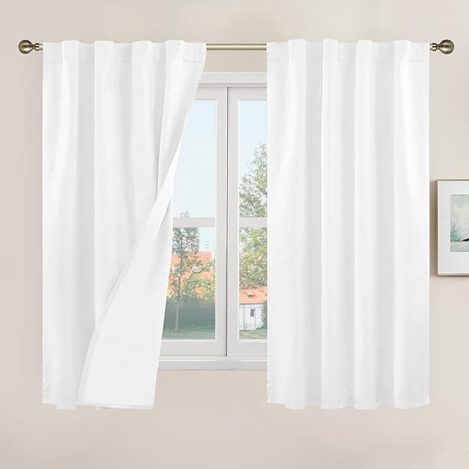 LAMIT 100% Blackout White Linen Curtains 48 Inches Long, Linen Textured Living by LAMIT