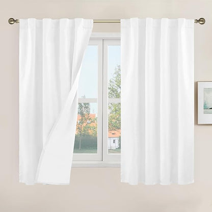 LAMIT 100% Blackout White Linen Curtains 48 Inches Long, Linen Textured Living by LAMIT