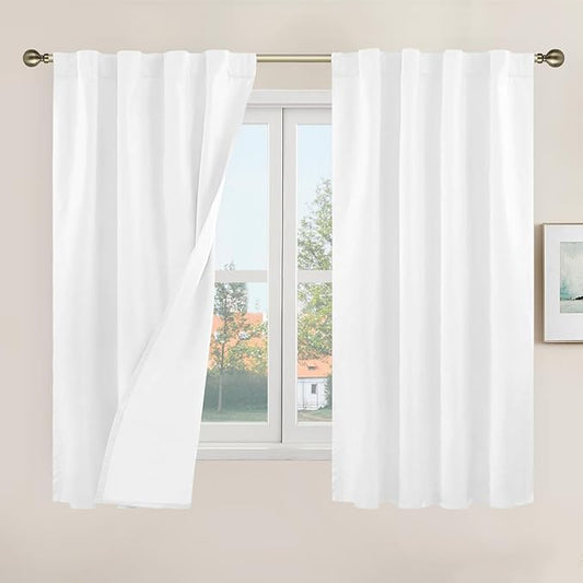 LAMIT 100% Blackout White Linen Curtains 48 Inches Long, Linen Textured Living by LAMIT