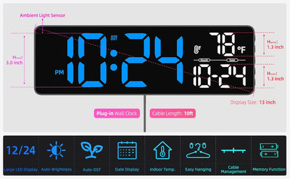 Large LED Digital Wall Clock with Date, Temperature, Auto-Brightness, Auto-DST | Big Digital Clock for Bedroom, Desk, Classroom, Living Room, Kitchen, Office, Gym, Farmhouse, Xmas Gift for Seniors