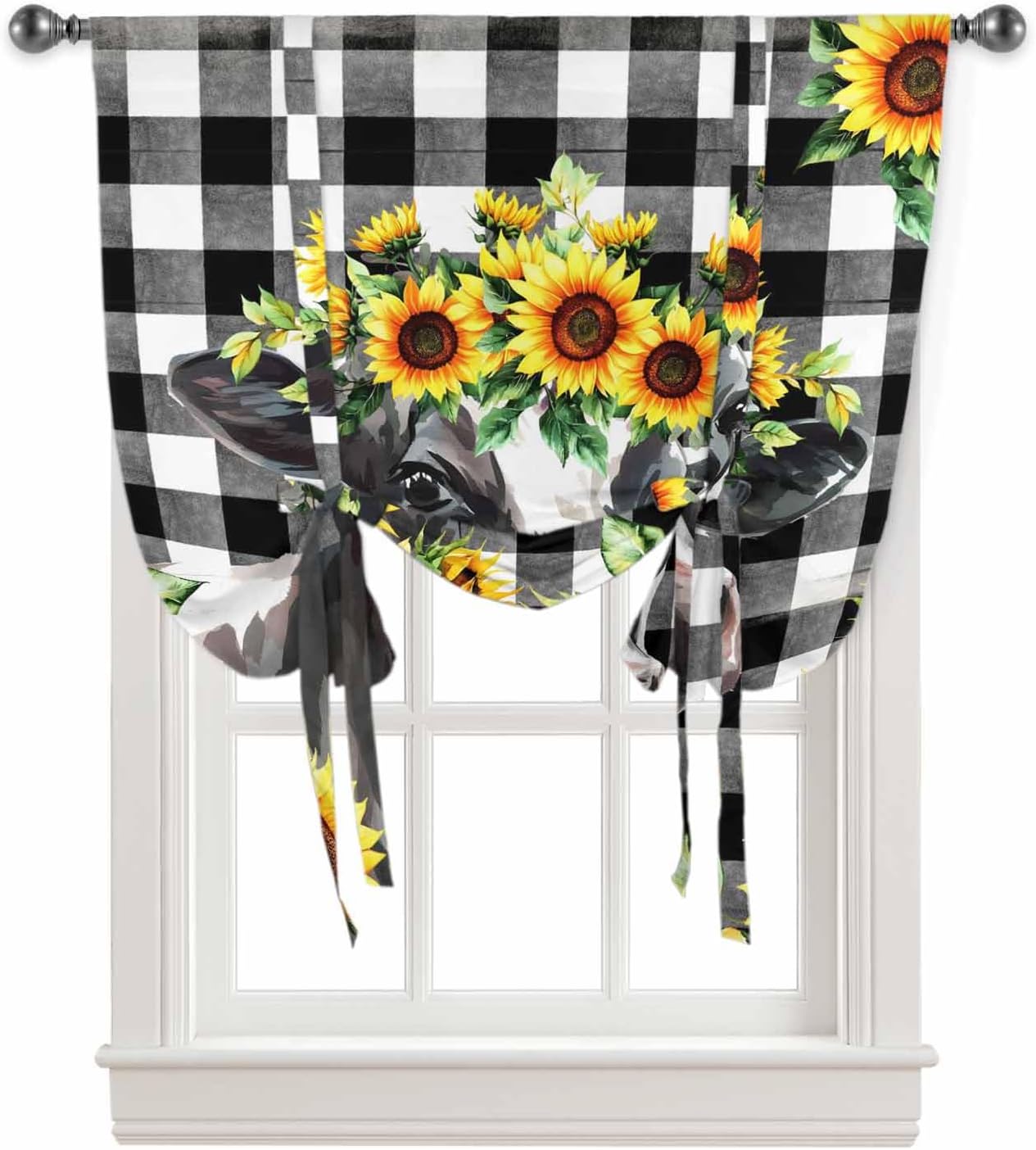 Tie Up Valance Yellow Sunflower Cow Window Curtain Shades Buffalo Check Plaid Black White for Kitchen Bathroom Living Room, Balloon Shade, 34"x45"
