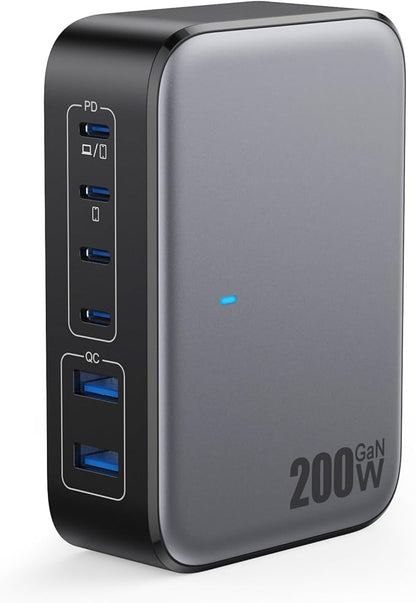 USB C Charger 200W USB Charging Block, 6 Ports GaN IV Foldable Wall Charger by GKUTW