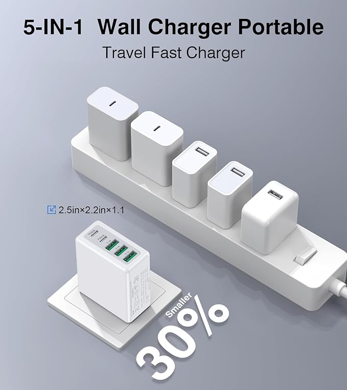 50W USB C Wall Charger Block, 5-Port Type C Fast Charging Brick Cube Dual PD - Image 6