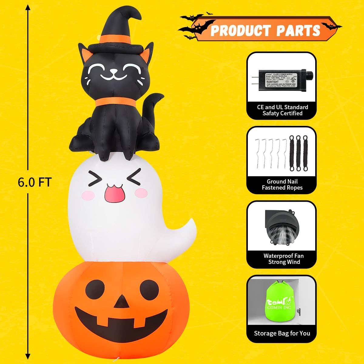 COMIN 6 FT Halloween Inflatables Pumpkin Ghost Cat Combo Outdoor Decorations ...