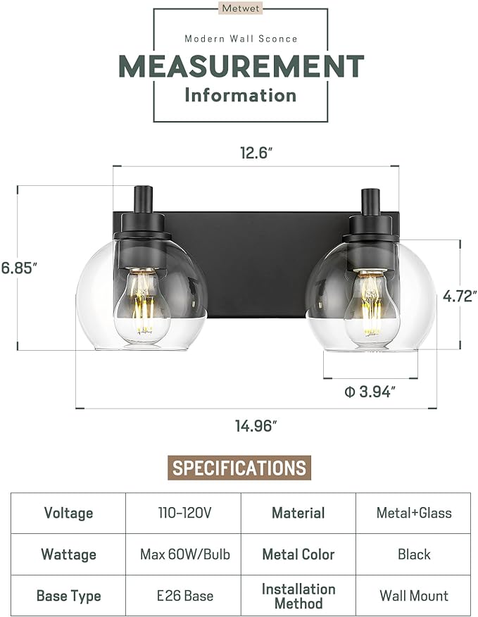 METWET Bathroom Light Fixtures, 2 Light Matte Black Vanity Light, Modern Wall - Image 2
