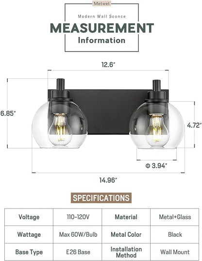 METWET Bathroom Light Fixtures, 2 Light Matte Black Vanity Light, Modern Wall - Image 2