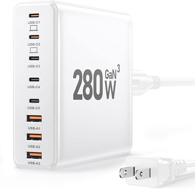 280W USB C Charger Block, 8-Port USB C Charging Station GaN III PD 65W Laptop by Ediliow