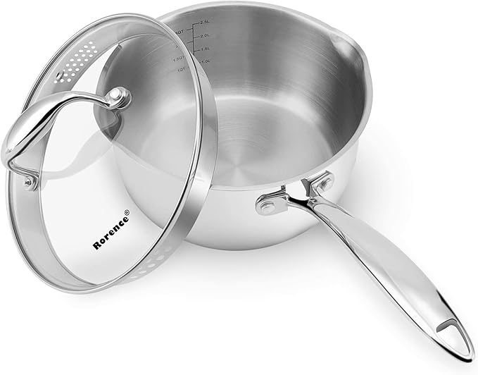 Rorence 3-Quart Saucepan with Lid: Pour and Strain Stainless Steel Sauce Pan by Rorence