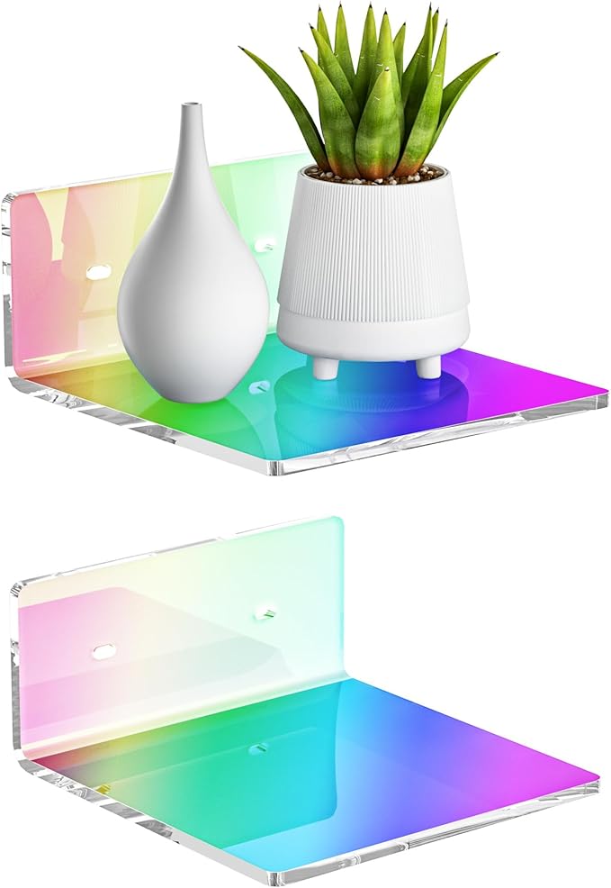 6 Inches Iridescent Acrylic Wall Shelves Set of 2, Wall Mounted Storage Display by Sezanrpt