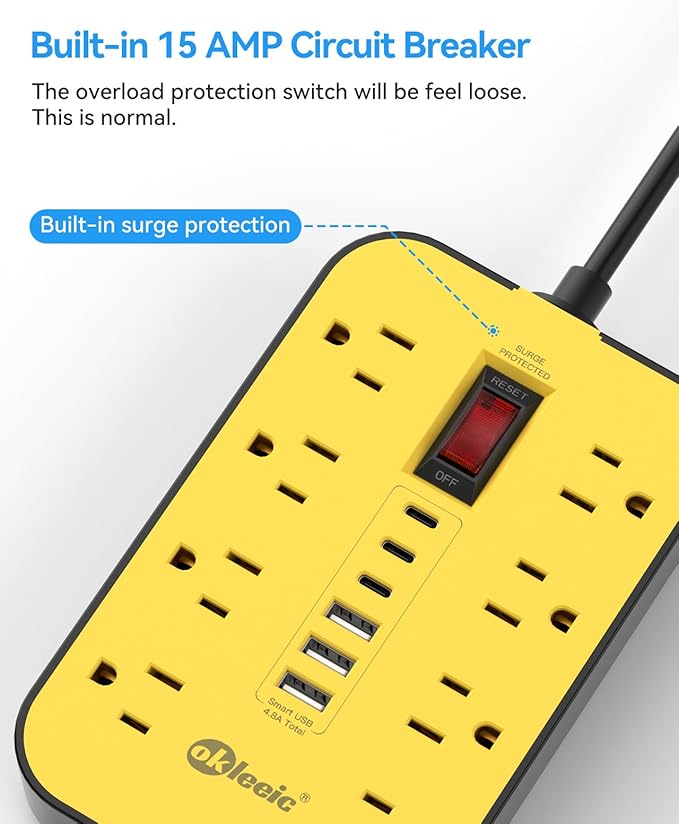 Power Strip with USB, Surge Protector Flat Plug with 8 Widely Spaced Outlets - Image 4