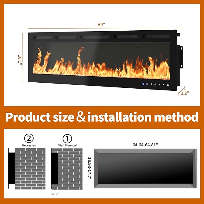 60" Smart Electric Fireplace Wall Mount, 1500w Heater - Image 8