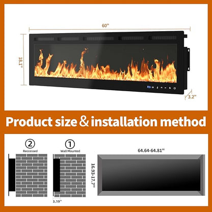 60" Smart Electric Fireplace Wall Mount, 1500w Heater - Image 8