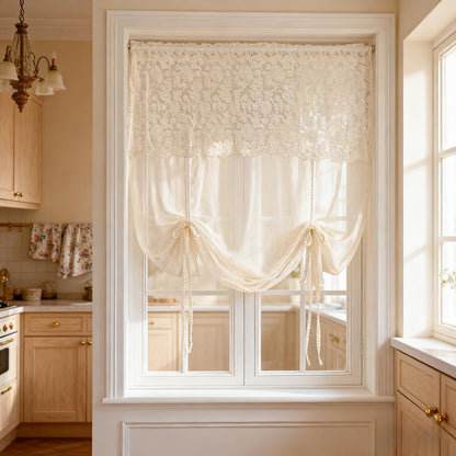 Floral Tie Up Curtains for Window, Adjustable Lace Balloon Shade | Crochet Lace Trim, Rod Pocket Light Filtering Sheer Curtain Panel for Kitchen Cafe Bathroom,1 Panel (Beige, W39 L39 inch)