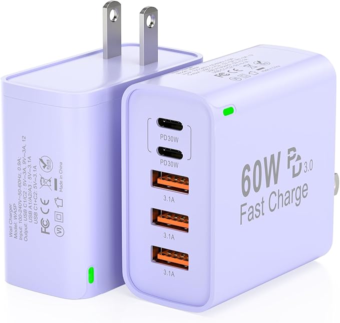 2Pack USB C Fast Charger Block, Total 60W 5-Port USB C Wall Charger 30W Type C by Unknown