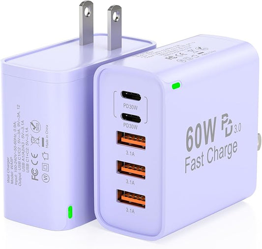 2Pack USB C Fast Charger Block, Total 60W 5-Port USB C Wall Charger 30W Type C by Unknown