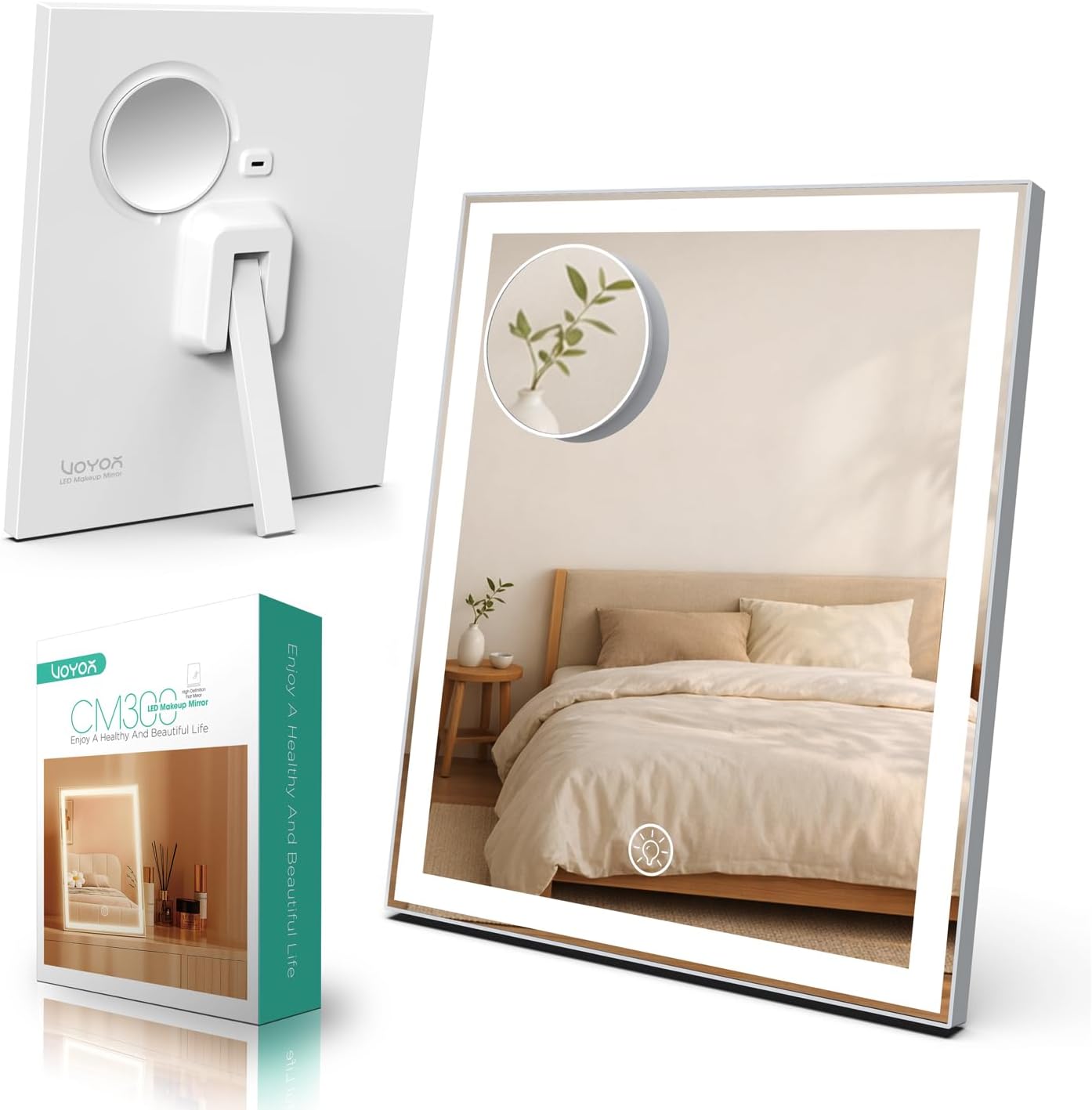 VOYOR Vanity Mirror with Lights, 11.8"x9.8"Rechargeable LED Makeup Mirror | 3 Light Modes, Dimmable, 10X Magnification, Smart Touch Control, Easy to Clean, Lighted Tabletop Mirror, CM300