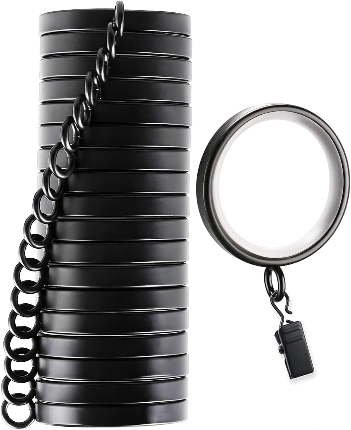 18 Pack Curtain Rings with Clips,1-5/8 Inch Black Curtain Rings | Quiet Nylon Inserts,Glide Smoothly,Fits 1" to 1-4" Curtain Rods,Curtain Clips for Bedroom
