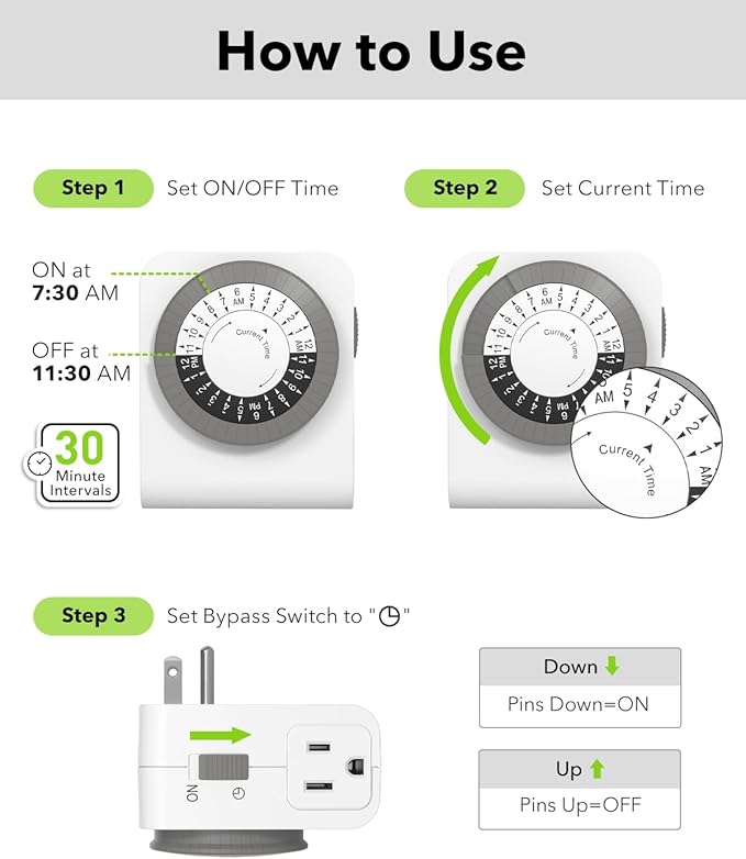 BN-LINK Timer Outlet with 2 Grounded Outlets, Mechanical Light Timers - Image 5