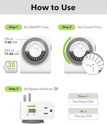 BN-LINK Timer Outlet with 2 Grounded Outlets, Mechanical Light Timers - Image 5