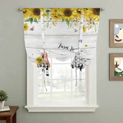 Sunflowers Tie Up Curtains for Window, Spring Botanical Truck Pig Wooden Grain Thermal Insulated Balloon Shade Adjustable Rod Pocket Curtains Valance Panels for Kitchen Bathroom Café 42'' x 63''