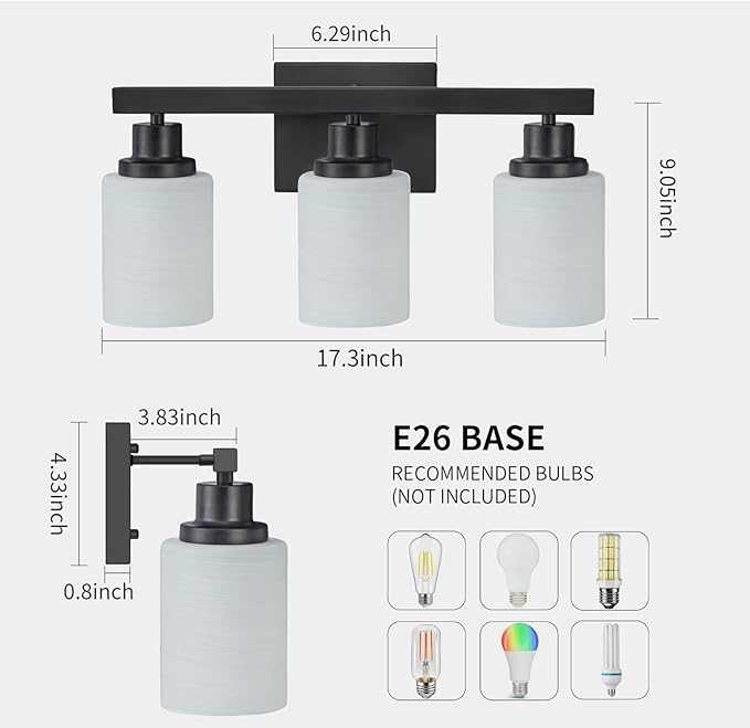DIKAIDA 3-Light Bathroom Light Fixtures Over Mirror, Modern Matte Black Vanity - Image 3